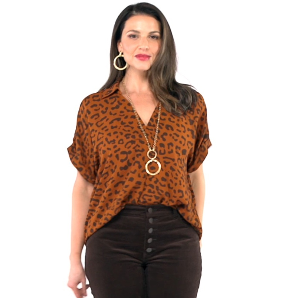 CAbi Replay top in Brown Leopard Print #4345